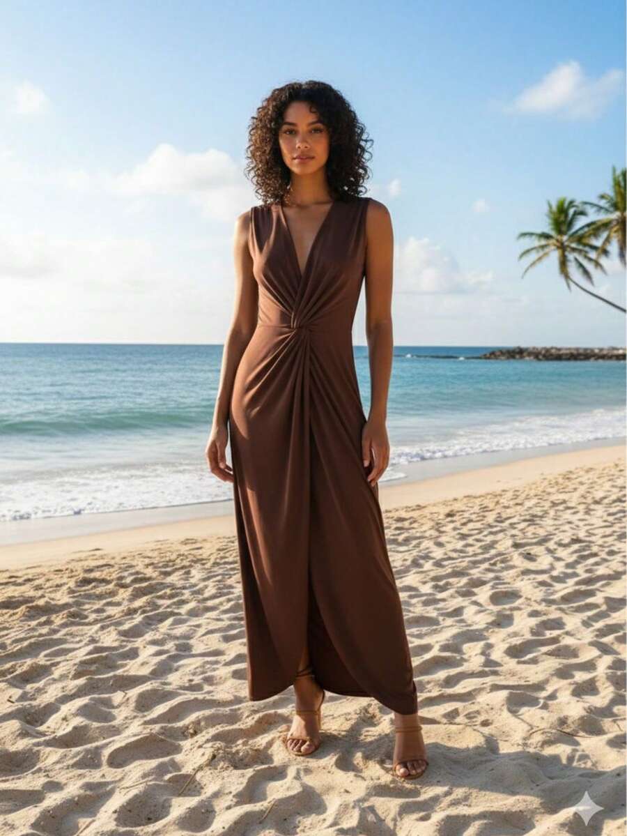 Elegant And Sensual Wrap-Style Beach Cover-Up Dress Made Of Premium Microfiber Fabric, Perfect For Summer Vacations, Beaches, And More. - 鏽棕色 - 查看 1