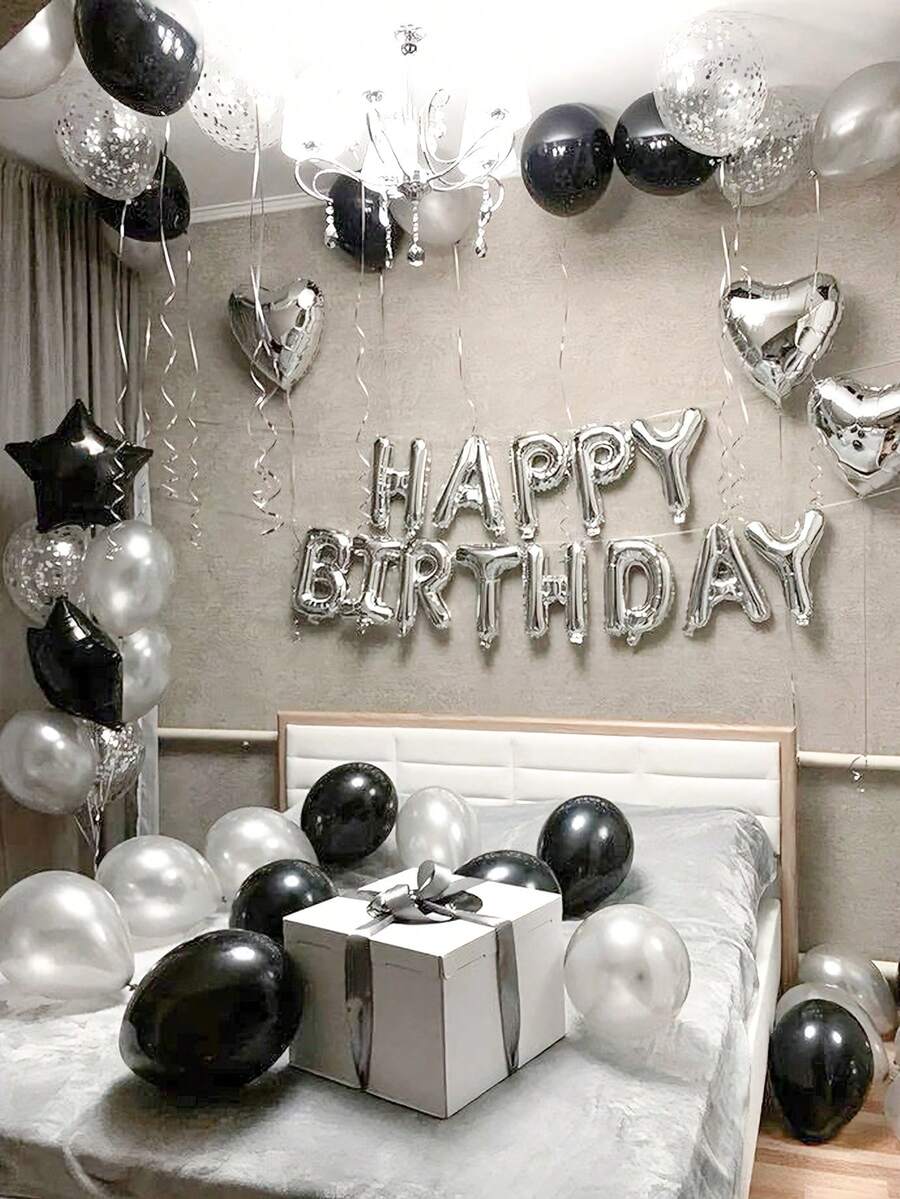 66件套银黑色生日派对气球套装，包含16英寸铝箔字母气球、心形气球、黑/银色乳胶气球，适用于浪漫生日派对装饰、生日派对、派对装饰、拍照道具。 - 彩色 - 查看 1