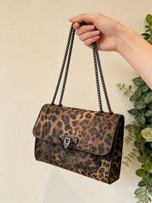 A Vintage Fashion Leopard Print Bag, Hardware Lock Closure, Flap Opening, Metal Double Chain, Multi-Functional And Elegant Shoulder Crossbody Bag, Suitable For Girls' Daily Life, Leisure, Commuting, Work And Student Use, Cheetah Print Bag For Women Leopard Comeback, Retro Inspired Bag For Women - 咖啡棕 - 查看 8