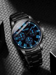 4-Piece Minimalist Dark Style Men's Watch Set, Including 1 Black Roman Numeral Dial Quartz Watch, 1 Matching Thick Chain Bracelet, 1 Cross Necklace, And 1 Textured Ring. The Entire Jewelry Set Has A Low-Key, Introverted Style, Suitable For Pairing With Suits, Commuting, Casual Outings, And Other Occasions, Easily Showcasing The Steady And Unique Personalized Of The Gentleman. - Black - View 2