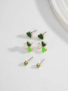 3对女士时尚耳环（不含卡片） - 简约个性化圣帕特里克节闪亮绿色水钻四叶草心形耳环，适合狂欢节、度假、送给女友和闺蜜的礼物 - 彩色 - 查看 2