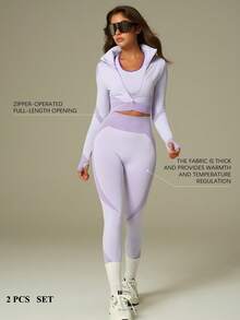 UONNOU 女士运动套装两件套，长袖上衣和长裤塑形服，女士户外休闲装 - 淡紫色 - 查看 3