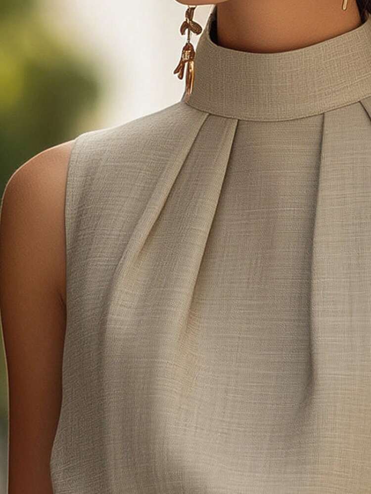 Top Plissada de Gola Alta sem Mangas, Regata Ajustada de Design Exclusivo Chique para Transporte para Mulheres - Damasco - Visão 3