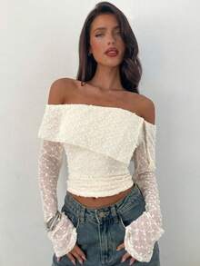 女士纯色蕾丝荷叶边露肩喇叭袖衬衫 - 杏色 - 查看 1