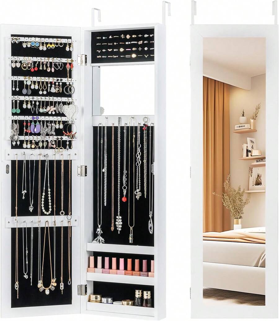 White Full Length Mirror Jewelry Cabinet | Wall/Door Mounted Jewelry Armoire With Makeup Mirror, Ring Slots & Necklace Hooks | Large Storage Organizer For Bedroom Dressing Room - 白色 - 查看 1