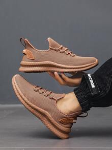 1 Pair Men's Casual Minimalist Low-Top Lace-Up Sneakers, Breathable Mesh Upper, EVA Sole, Lightweight Running Shoes - Khaki - View 4