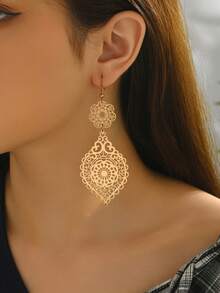 1对女士复古镂空花卉图案耳环，适合日常佩戴和度假 - 金色 - 查看 2