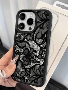 1pc Lace Flower Painted Matte Litchi Texture Full Coverage TPU Shockproof Fashionable Phone Protective Case Compatible With Apple 11 12 13 14 15 16 17 Pro Max
