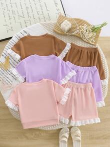 3 Sets (6pcs) Girls Casual Solid Color Soft Comfortable Waffle Knit Fabric With Ruffle Short Sleeve Top And Shorts Set, Suitable For Outdoor Wear, Spring/Summer - Multicolor - View 2