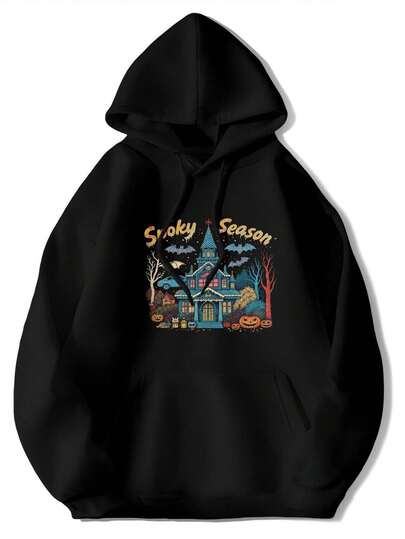 MenS Vintage 1916 Great Pumpkin Believer Halloween Hoodie - Spooky Jack-O-Lanterns, Ghosts & Full Moon Graphic Pullover Sweatshirt, All-Season Casual Hooded Sweatshirt With Drawstring Hood, Long Sleeve Regular Fit Year-Round & Easy Care