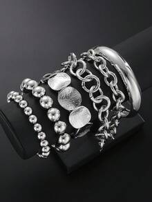 6pcs/Set Simple Fashionable Metal Minimalist Geometric Bracelet & Bangle Set For Women, Suitable For Vacation, Date, Daily, Party, Wedding, Valentine's Day Gift For Mom, Friends - Silver - View 5