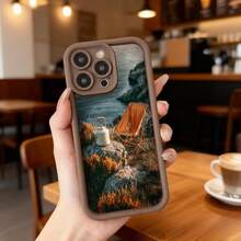 Cubierta de telefono con borde negro diseño paisaje montano con silla y termo para uso diario y viajes,Aplicable a los teléfonos de la serie Apple y Galaxy - Blanco - Ver 4