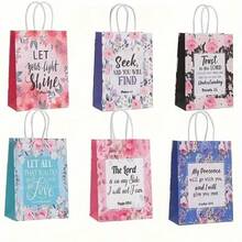 6/12/24pcs Mixed Color Floral & Bible Verse Gift Bags, Reusable Paper Gift Bags For Christian Baptism, Valentine's Day, Wedding, Birthday, Mother's Day Gifts - Color Mixing - View 3