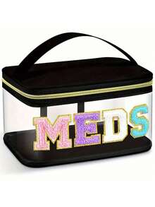 Fashion Suede Letter Patch MEDS Bag - Transparent Travel Pill Organizer With Handle, Waterproof Nylon Portable Medicine And Toiletries Storage For Patients And Nurses, Back To School - 黑色1個 - 查看 6