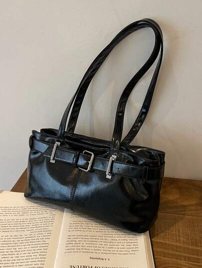 1pc Vintage Large Capacity Tote Bag, Commuter Oversized Underarm Bag, Fashion Motorcycle Women's Bag, PU Solid Color Oiled Wax Leather, Strap Decor, Zipper Closure, Women's Shoulder Bag For Work, College Student Backpack, Short Trip, Vacation, Shopping, Business, Suitable For Daily Use