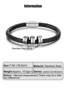 1pc Unique Leather Bracelet For Women Men Custom 1-10 Names Engraved Bracelets Customized Women Men Braided Leather Bracelets Gift For Mother Father Husband Wife Boyfriends Girlfriends Grandpa Grandma Birthdays Holidays Christmas Black Stylish, Vintage, Contracted, Simple, Unisex, Punk, Fall Fashion, Old Money Custom, Personalized - Silver - View 21