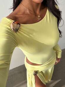 一件优雅休闲性感派对针织不对称连衣裙，适合海滩、度假、生日派对、返校派对、单身派对等各种场合，四季皆宜。 - 黃色 - 查看 7