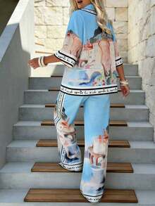 بلوزة فضفاضة مطبوعة بأسلوب كاجوال، طقم أكمام قصيرة، أسلوب بوهيمي كاجوال مع جيب للارتداء اليومي والعطلات الشاطئية - الأزرق - مشاهدة 2