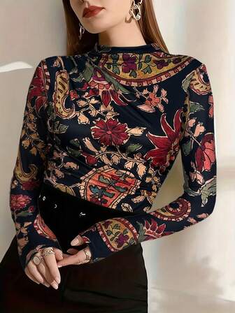 女士复古风印花长袖衬衫，秋季时尚派对装扮