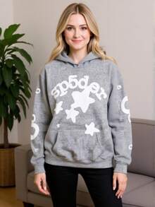 Women's Hip Hop Spider Web Pattern Graphic Alphabet Print Y2k Hoodie - Ngôi sao xám - Xem 4