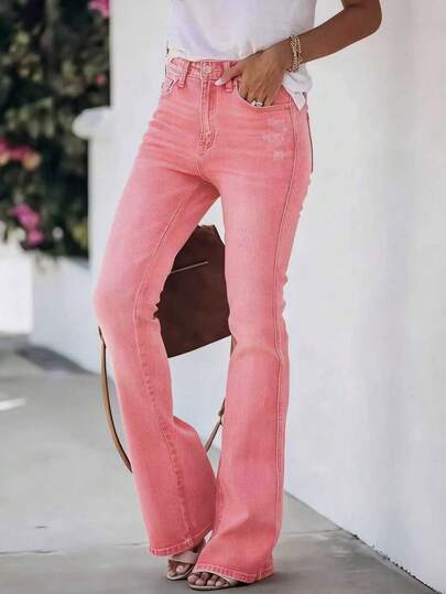 ARWY Faded American Slim Fit Fashionable Versatile Bootcut Jeans For Women, Elegant Bohemian Everyday, Night Out, Vacation, Suitable For Halloween, Easter, All Seasons Pink Casual Spring