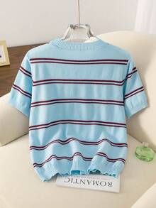 Light Blue Striped Loose Crew Neck Contrast Color Knit Sweater, Women's Versatile Summer New Short Sleeve Top, Striped Ribbed Casual Beach Wear Spring - Baby Blue - View 2