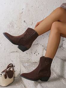 Vintage Western Style Side Zipper Chunky Heel Ankle Boots - Brown - View 5