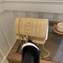 Bolso pequeño cuadrado con trenzado de hierba estilo moda con cadena abatible, adecuado para compras, billetera, compras, mujeres jóvenes, estudiantes universitarios, recién llegados, trabajadores de cuello blanco. Son muy adecuados para oficinas, universidades, trabajo, negocios, viajes al trabajo, actividades al aire libre, viajes y salidas - Caqui - Ver 2