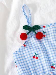 BASUSARRI 女童蜜桃印花格子背心短裤套装，时尚可爱，百搭透气夏季服装 - 淺藍色 - 查看 6