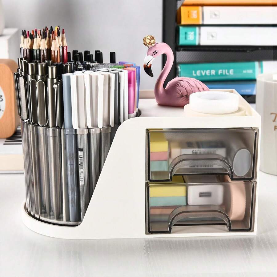 Desk Organizer With 2 Drawers, 360° Rotating Pen Holder, Desk Storage And Accessories, Featuring A 6-Slot Pen Holder + 2 Drawers, Art Supplies Organizer, Suitable For Offices (White),Office Desk Accesorries,Desk Oraganizer,Room Decor,Pencil Holder. - 白色 - 查看 1