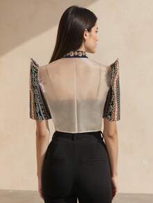 1件 Amyenjoylife 现代菲律宾风格女式衬衫，时尚半透明拼接立领设计，优雅衬衫，纽扣开襟，春夏款，蝴蝶袖菲律宾风格，女士菲律宾短外套 - 金色 - 查看 2