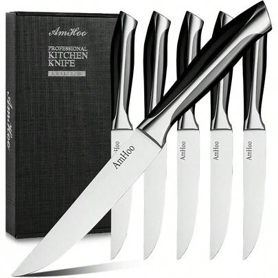AmHoo - Juego de 6 cuchillos para carne sin dentar de 127 cm de acero inoxidable de alto carbono ultra afilado mango ABS
