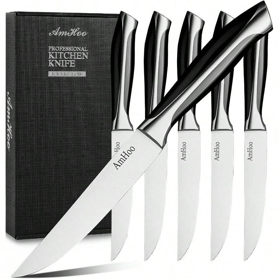 AmHoo - Juego de 6 cuchillos para carne sin dentar de 127 cm de acero inoxidable de alto carbono ultra afilado mango ABS - plateado - Ver 1