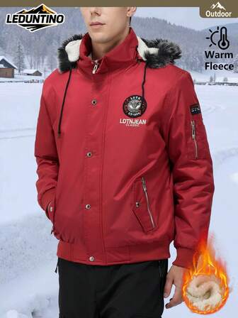 LEDUNTINO Men's Thick Warm Hooded Jacket For Autumn/Winter, Multi-Pocket Design With Letter Embroidery And Icons, Fully Lined For Warmth, Ideal Outdoor Wear