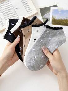 5双女童甜美可爱图案简约短袜，踝袜/船袜，荷叶边袜，圣诞礼物，女童袜子，时尚ins风舒适白袜，颜色随机，适合所有季节，春夏秋冬皆宜。 - 彩色 - 查看 1