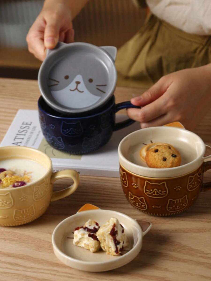 1 Set (350ml) Cute Cat Ceramic Mug Set, Embossed Household Coffee/Milk Cup With Lid, Microwave , Creative Snack Plate, Birthday/Back To School Gift