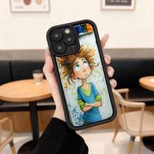 Cubierta de teléfono con borde negro diseño de dibujos animados chica con cabello rojo y camiseta azul para uso diario en cafeterías y salas de estar,Aplicable a los teléfonos de la serie Apple y Galaxy - Negro - Ver 1