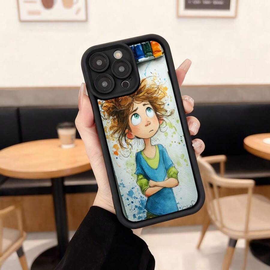 Cubierta de teléfono con borde negro diseño de dibujos animados chica con cabello rojo y camiseta azul para uso diario en cafeterías y salas de estar,Aplicable a los teléfonos de la serie Apple y Galaxy - Negro - Ver 1