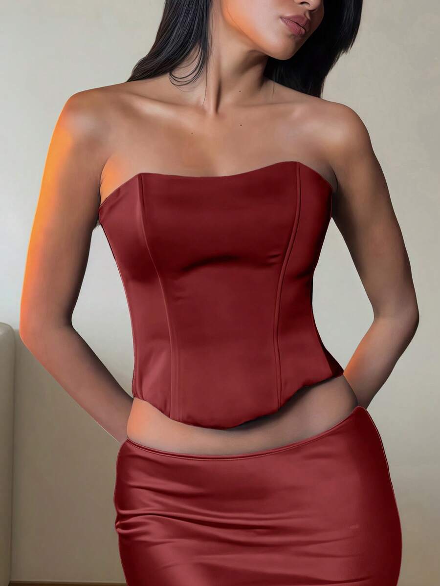 Yuwenier Sexy Matte Satin Bustier Top With Steel Boning, Backless Lace-Up, Corset-Style Top, Strapless, Suitable For Birthday Party, Valentine's Day, Wedding Season, Romantic For Ladies - Burgundy - View 1