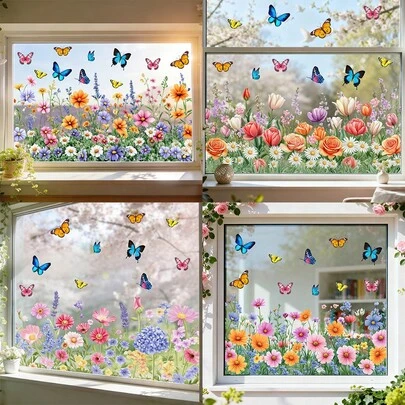 1/4 Piece Spring Floral & Butterfly Window Sticker, Static Cling Glass Decal, Anti-Collision Sticker, Suitable For Living Room & Kitchen, Vibrant Wild Flower Garden Vinyl Art Removable Window Film