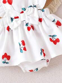 1pc Infant/Toddler Girls' Cute Cherry Print White Bodysuit, Summer