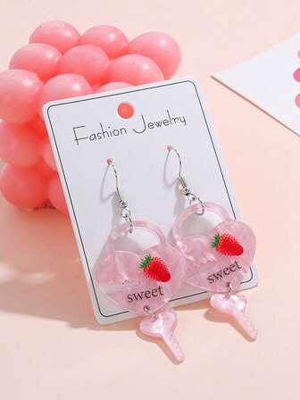 Une paire de boucles d'oreilles en forme de cœur rose romantique avec cadenas "Sweet" et fraise - Bijoux de mode femme Y2K sucrés, romantiques pour la Saint-Valentin, les rendez-vous, les accessoires quotidiens