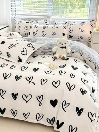 4pcs Black & White Heart Pattern Bedding Set (1 Duvet Cover, 2 Pillowcases, 1 Bed Sheet), Modern Elegant Style, Skin-Friendly & Comfortable, Suitable For Single/Double Bed, All Seasons
