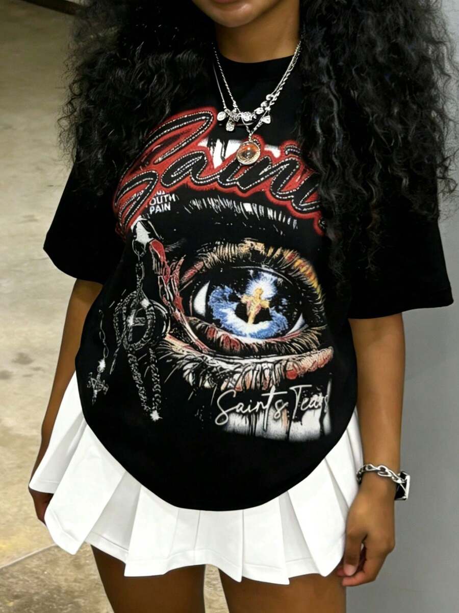 Tween Girl Cotten Clothes,Y2K-Inspired Letter Print T-Shir-Perfect For Spring/Summer/Fall,Fashion, Streetwear, Unisex, Men, Women - 黑色 - 查看 1