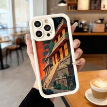 Cubierta de teléfono con borde negro diseño de templo antiguo en tonos rojos y marrones para uso diario en cafeterías y espacios urbanos,Aplicable a los teléfonos de la serie Apple y Galaxy - Blanco - Ver 2