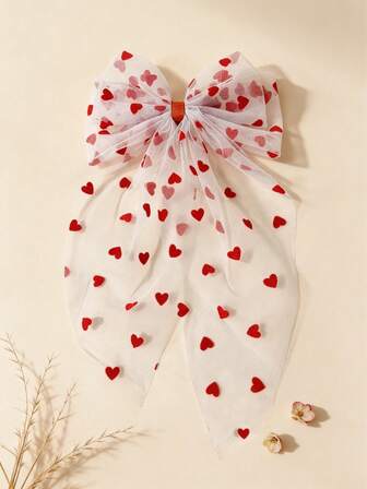 1pc Large Valentine's Day Hair Clip With Long Tail And Heart Pattern, Suitable For Daily Wear. 1pc Fashionable Mesh Valentine's Day Girl Hair Clip. 1pc Fashionable Valentine's Day Hair Accessory Gift.