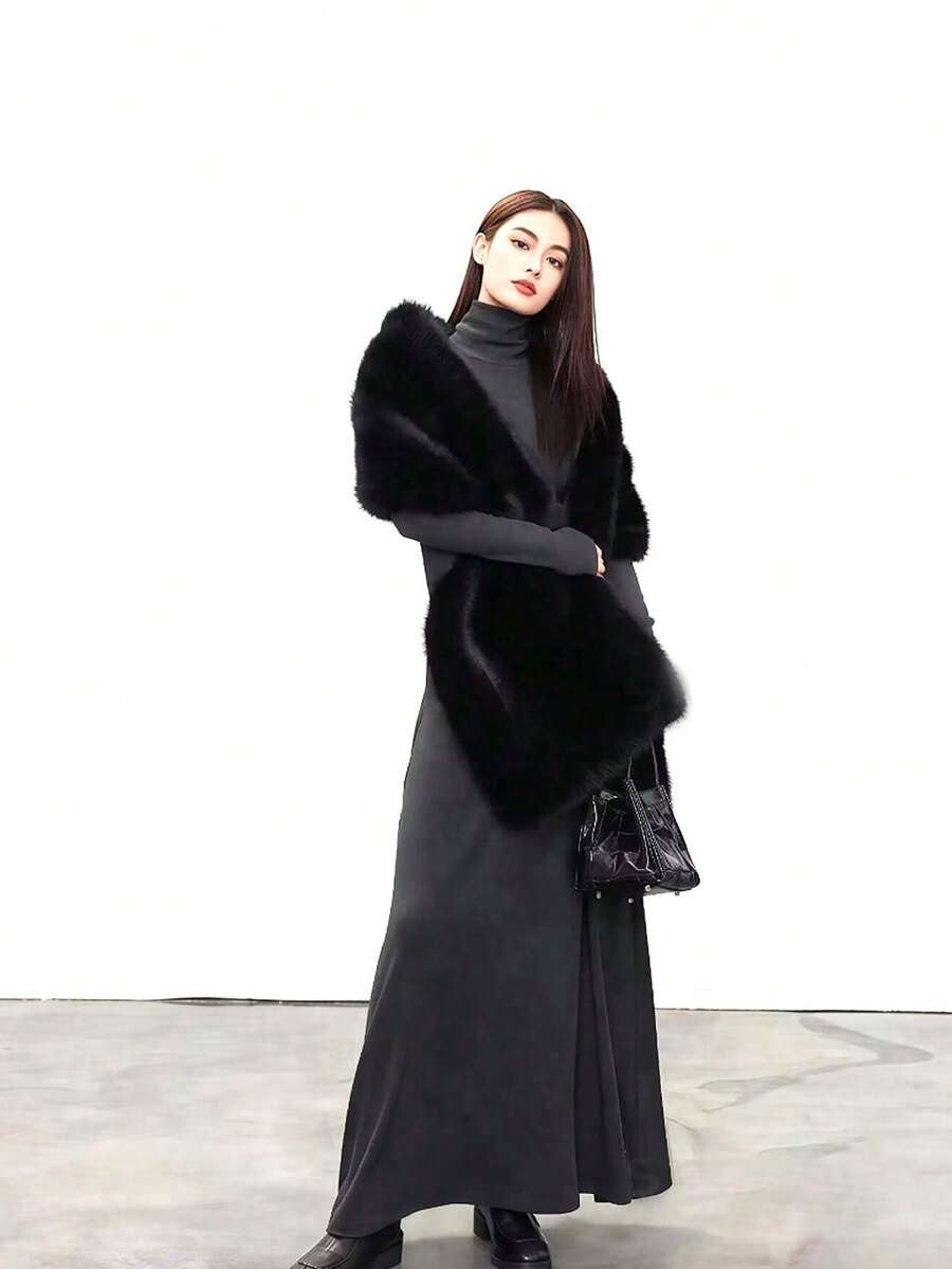1件装女士黑色长款人造毛皮披肩，白色蓬松长款加大码新娘披肩，开襟毛皮披肩，冬季保暖人造毛皮新娘披肩，适合婚礼、宴会、正式派对，优雅复古浪漫时尚奢华 - 黑色 - 查看 1