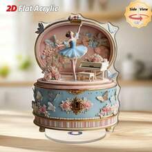 1个优雅旋转亚克力音乐盒，芭蕾舞女与蝴蝶花卉图案 - 淡蓝色和金色点缀，柔和旋律，机械上弦（无需电池） - 室内/室外桌面装饰，适合家居、办公室、婚礼、生日礼物，2D平面，复古美学 - 水鴨藍 - 查看 4
