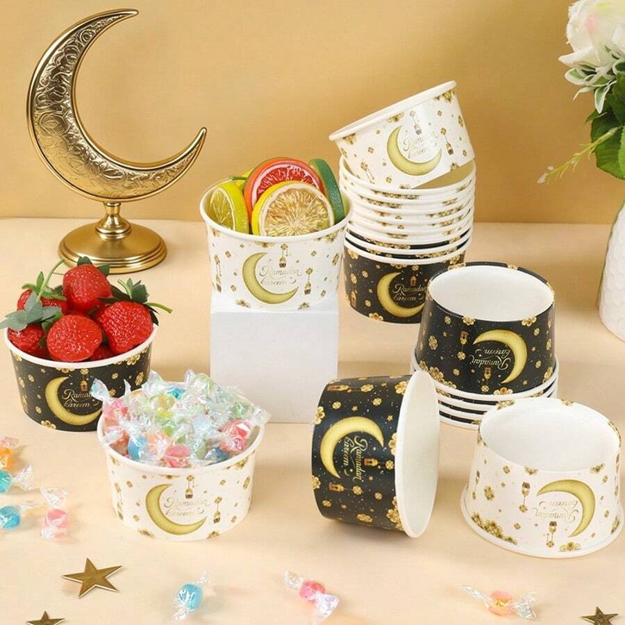 4pcs Ramadan Kareem Disposable Paper Bowls - Star & Moon Pattern, Eid Party Tableware, Suitable For Snacks And Desserts - Multicolor - View 1