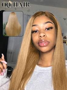 OQ Hair Wear And Go 6英寸x4英寸蕾丝闭合假发，渐变灰金色至棕色发根，直发真人发，180%密度，22-28英寸，预剪预拔毛，隐形蕾丝，透气蕾丝，无需胶水，外观自然，快速发货，适合作为礼物、节日、婚礼、万圣节、旅行必备、Y2K风格、度假等场合，女士适用。